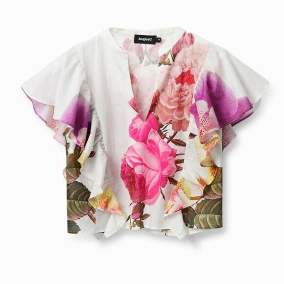 Desigual M. Christian Lacroix Floral Flutter Sleeve Top Sz S - Picture 1 of 12